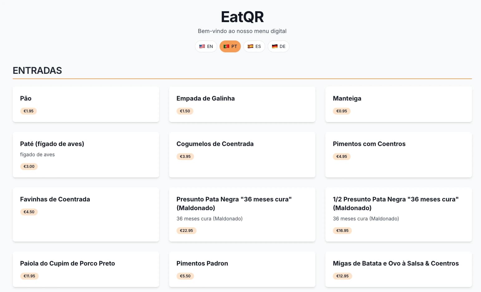 Published digital menu