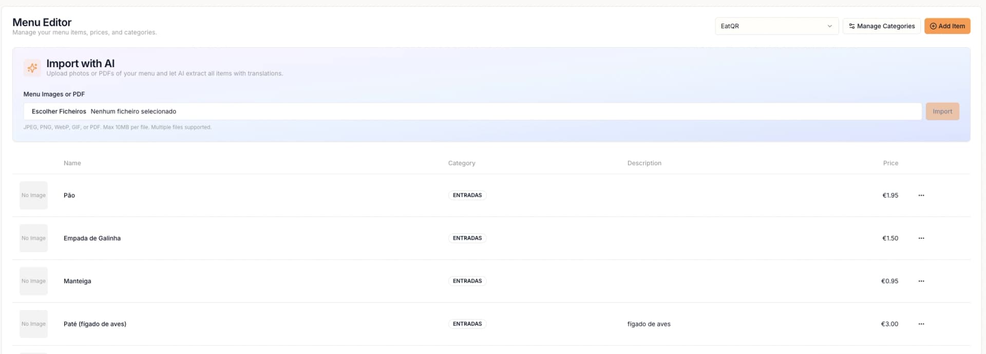 Menu editor dashboard
